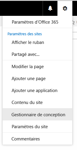 Menu qui apparaît lorsque l’utilisateur clique sur l’icône en forme d’engrenage sur un site de publication. Le gestionnaire de conception fait partie des éléments du menu