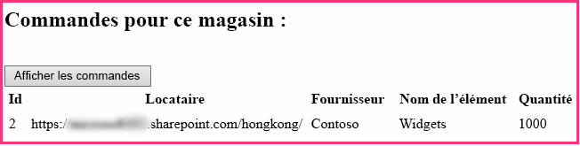 Section de la page de démarrage pour les commandes comportant une commande affichée dans un tableau HTML. Comporte des colonnes pour l’ID, le client, le fournisseur, le produit et la quantité.