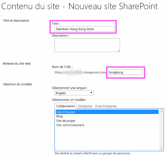 Formulaire permettant de créer un sous-site SharePoint avec dans la zone de texte du titre, « Fabrikam Hong Kong Store », et dans la zone de texte de l’URL, « hongkong ».