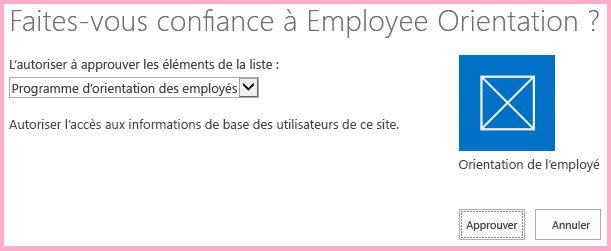 Invite de consentement de complément SharePoint avec une brève description des autorisations dont le complément a besoin et des boutons pour « Approuver » ou « Annuler »