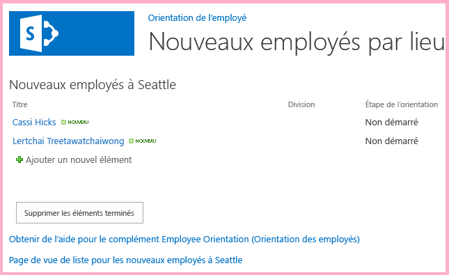 Liste des nouveaux employés de Seattle avec deux fois moins d’éléments qu’avant, et aucun d’entre eux n’a l’élément « Étape d’orientation » défini sur Terminé.