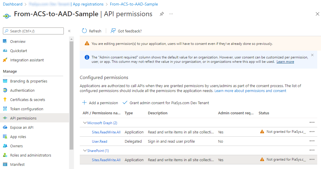 Interface permettant d’accorder le consentement pour l’autorisation d’une application Azure AD. Vous pouvez cliquer sur le bouton « Accorder le consentement administrateur pour ... » et accordez l’autorisation à l’application.