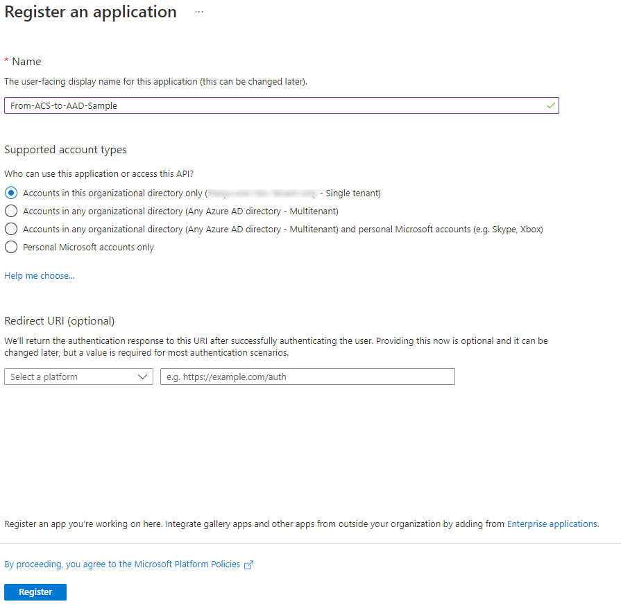 Formulaire permettant d’inscrire une nouvelle application. Les champs à renseigner sont Nom, Types de comptes pris en charge (peut être mono-tenat, multilocataire, multilocataire et Compte personnel Microsoft, Compte personnel Microsoft uniquement), URI de redirection facultatif pour l’application.