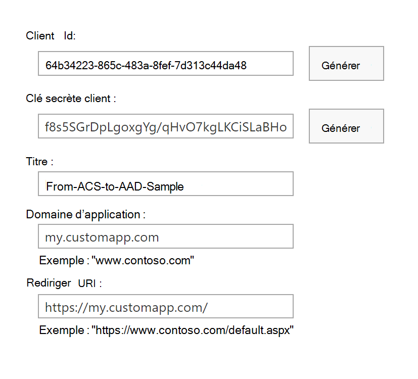 Page Inscription de l’application avec des champs de formulaire pour inscrire une application dans ACS. Les champs sont : ID client, Clé secrète client, Titre, Domaine d’application et URI de redirection.