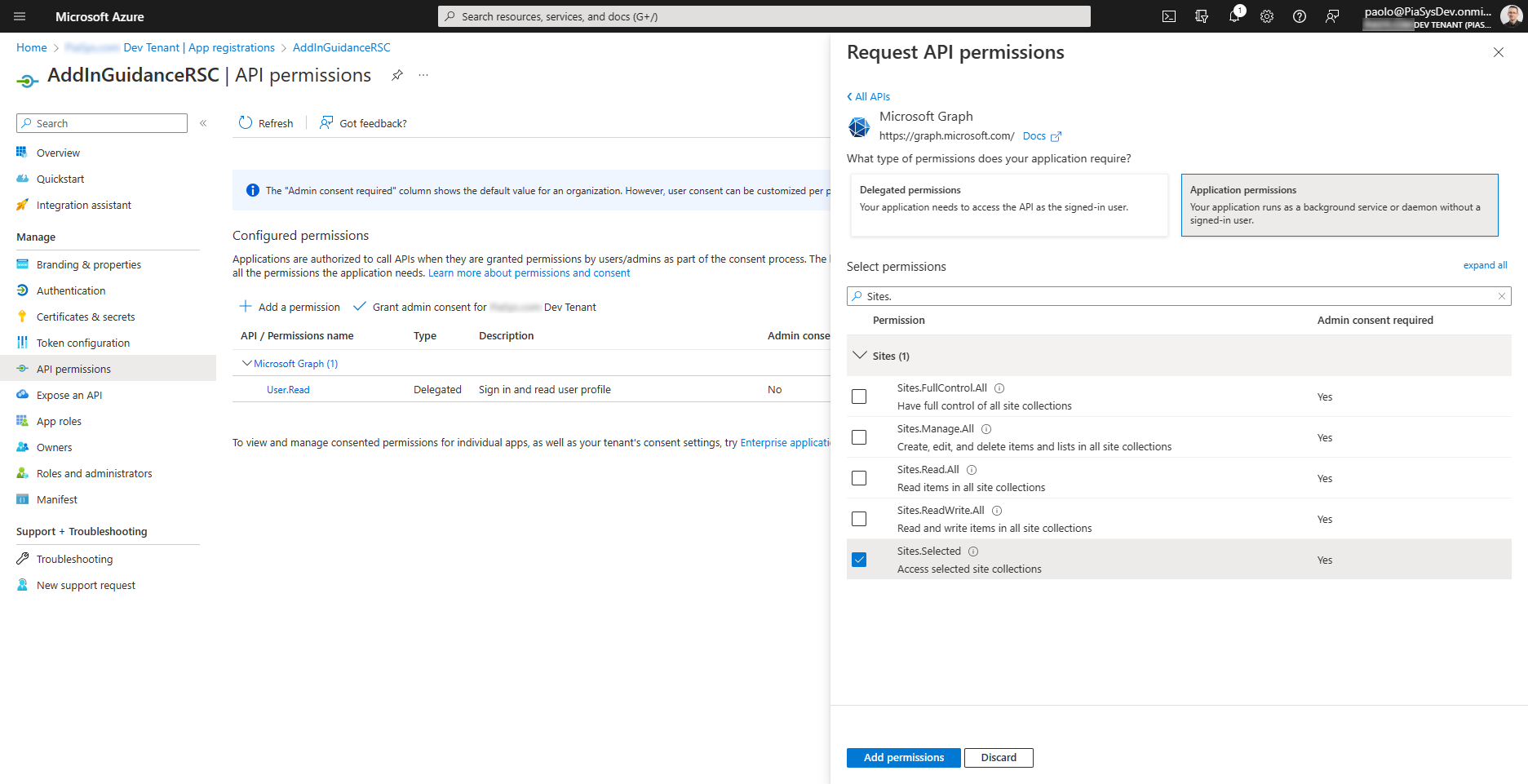 L’interface utilisateur de Microsoft Entra lors de la configuration de l’autorisation d’application Sites.Selected pour une application via Microsoft Graph.