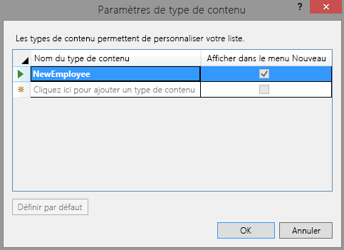 Boîte de dialogue Paramètres de type de contenu avec un seul type de contenu nommé NewEmployee indiqué.