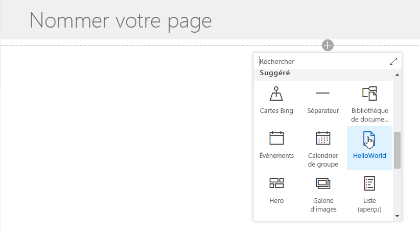 Composant WebPart HelloWorld visible dans le sélecteur de composants WebPart pour une page moderne