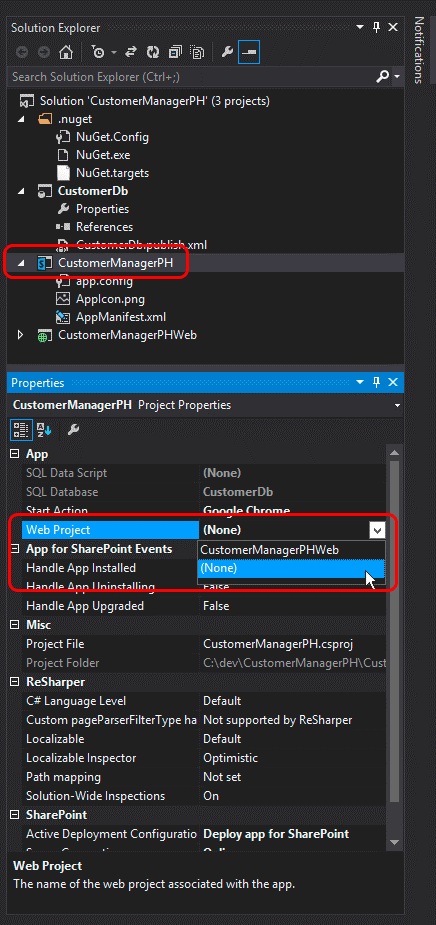 Propriétés du projet web dans Visual Studio