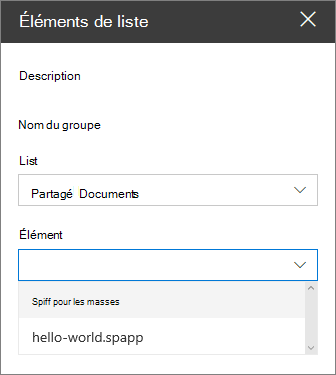 Sélection d’un élément dans la liste déroulante « Élément » dans le volet de propriétés du composant WebPart