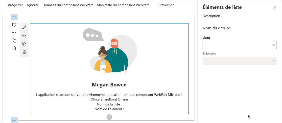 La liste déroulante « Liste » dans le volet de propriétés du composant WebPart est activée. La liste déroulante « Élément » est désactivée