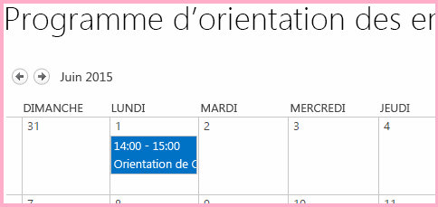 Calendrier intitulé Planification de l’orientation de l’employé avec un élément le 1er juin indiquant « Orientation Charline Leblanc »