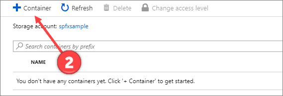 Image montrant l’option de création d’un conteneur d’objets blob - Étape 2