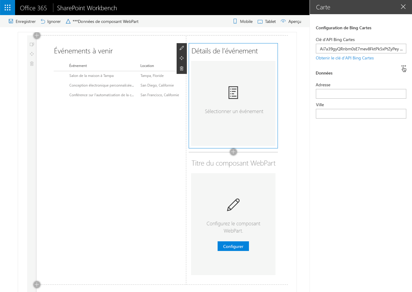 Pointeur de la souris survolant les points de suspension dans le volet de propriétés du composant WebPart utilisés pour connecter un composant WebPart SharePoint Framework à une source de données dynamiques