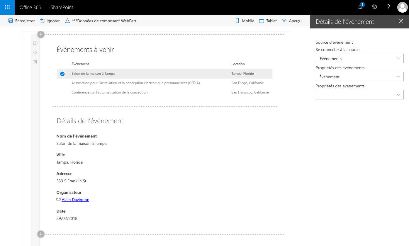 Interface utilisateur standard pour la connexion de composants WebPart SharePoint Framework à des sources de données dynamiques disponibles sur la page