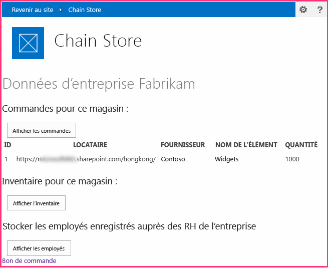 Page de démarrage comportant le contrôle Chrome dans la partie supérieure. L’ensemble du texte et des contrôles sont de style SharePoint.