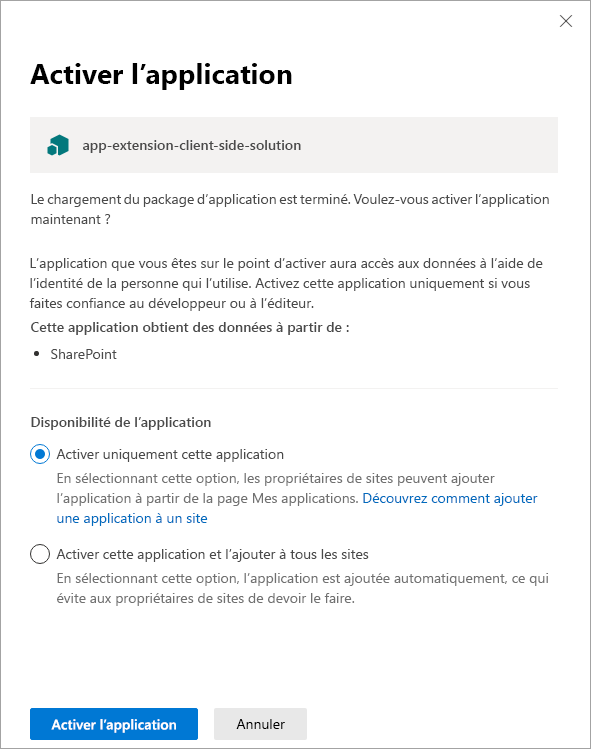 Boîte de dialogue d’approbation du catalogue d’applications avec chemin d’accès au point de terminaison CDN