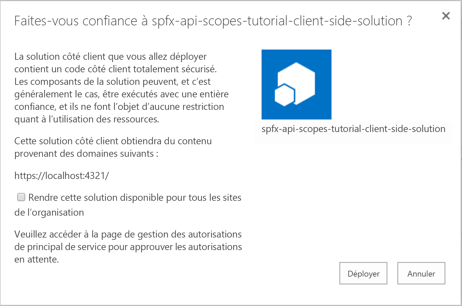 Capture d’écran de l’interface utilisateur du catalogue d’applications lors du chargement du package de solution