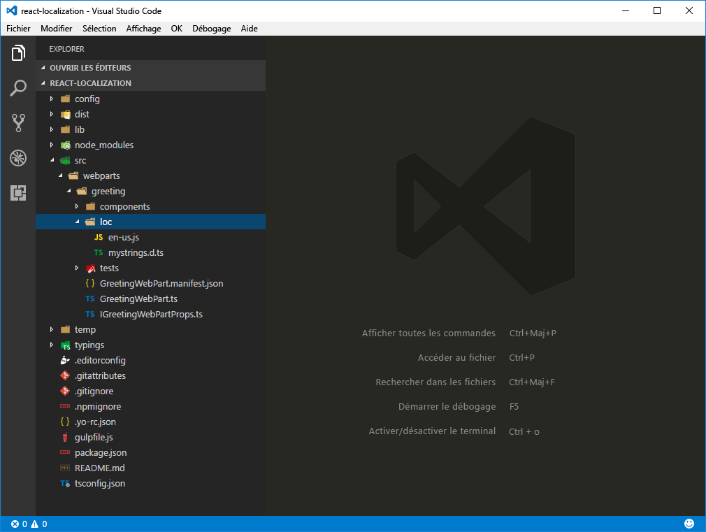 Fichiers de localisation utilisés par un composant WebPart côté client de SharePoint Framework mis en surbrillance dans Visual Studio Code