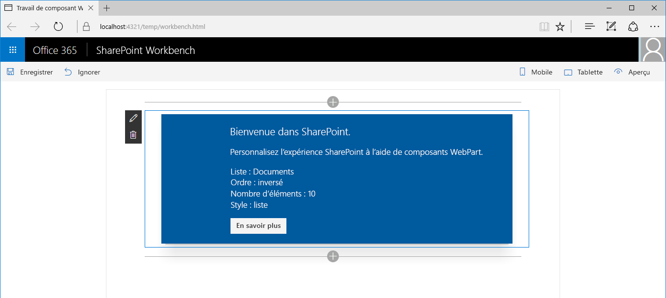 Composant WebPart Documents récents préconfiguré fonctionnant immédiatement après avoir été ajouté à la page