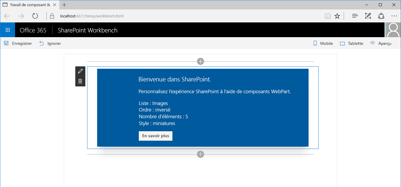 Utilisation du composant WebPart préconfiguré immédiatement après avoir été ajouté à la page