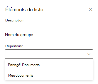 Liste déroulante dans le volet de propriétés du composant WebPart affichant les listes disponibles