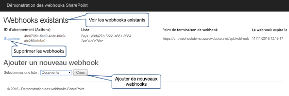 implémentation de référence pour webhooks SharePoint