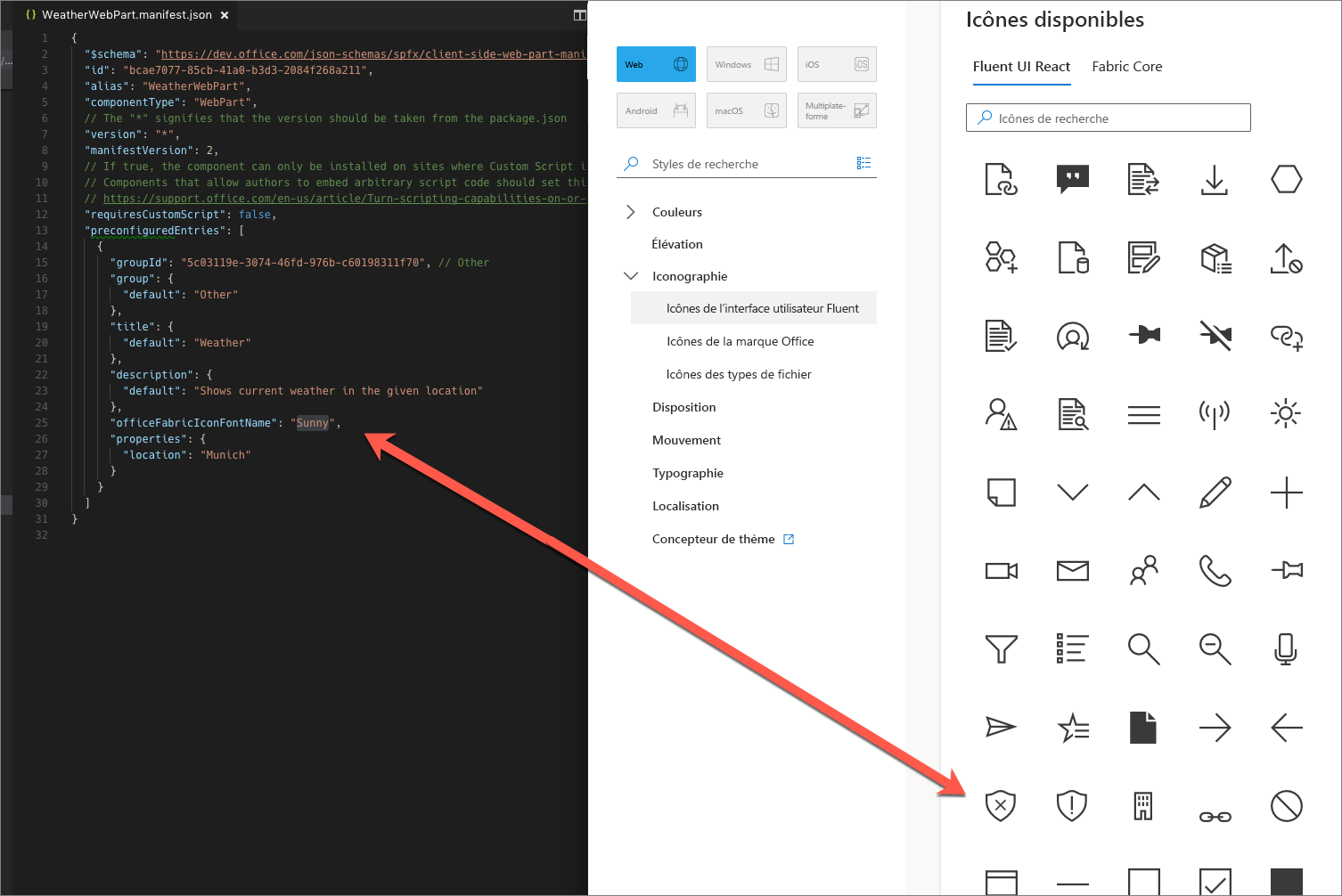 Flèche allant du nom de l’icône dans la page de vue d’ensemble des icônes de Fluent UIau code manifeste du composant WebPart