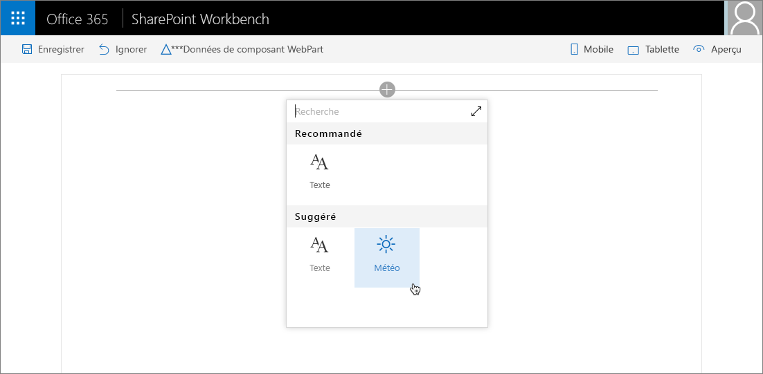 Icône Fluent UI sélectionnée affichée dans la boîte à outils pour représenter le composant WebPart