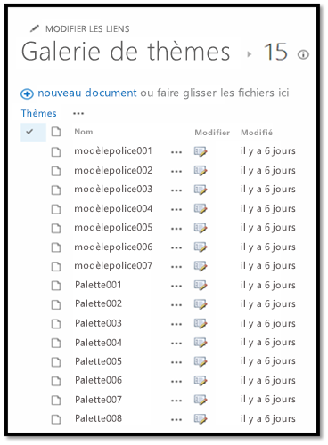 Capture d’écran de la galerie de thèmes affichant les fichiers modelepolice et palette