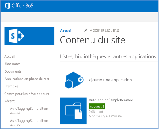 Capture d’écran de la page Contenu du site avec la nouvelle bibliothèque de documents AutoTaggingSampleItemAdd.