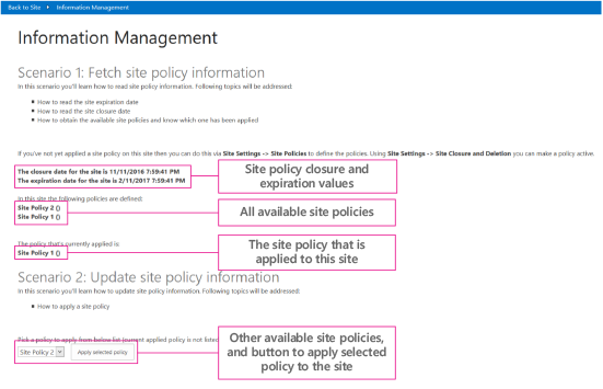 Capture d’écran de la page de démarrage du complément, avec les valeurs de fermeture et d’expiration de la stratégie de site, les stratégies de site disponibles et appliquées et les autres stratégies à appliquer mises en surbrillance.