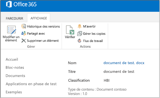 Capture d’écran montrant les métadonnées du document de test avec HBI dans le champ Classification.