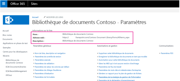 Capture d’écran d’une page de paramètre de bibliothèque de documents, avec les champs Nom, Adresse web et Description mis en surbrillance.