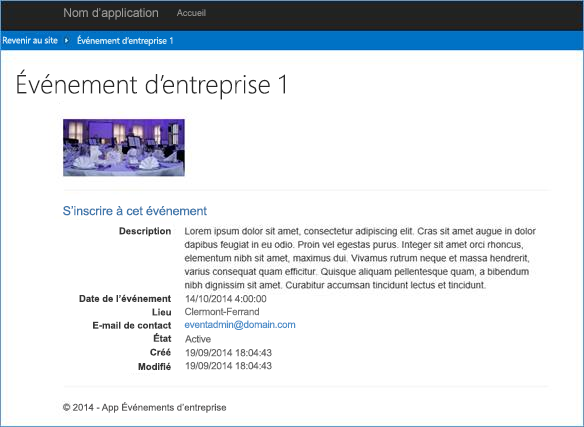 Capture d’écran affichant l’interface utilisateur du complément avec l’écran d’un événement d’entreprise montrant les détails de l’événement