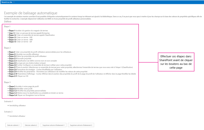 Capture d’écran de la page de démarrage du complément de balisage automatique, avec trois étapes de configuration en surbrillance.