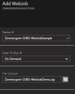 La boîte de dialogue Ajouter une tâche web s’affiche. Le champ Nom contient le texte Zimmergré-O365-WebJobSample, et le champ Comment exécuter contient le texte à la demande.