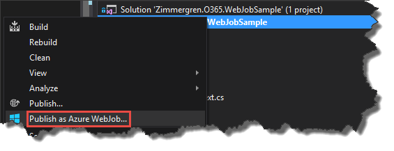 Le menu contextuel de l'explorateur de solutions s'affiche avec l'option Publish as Azure WebJob en surbrillance.