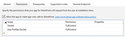 Liste des autorisations : l’étendue Locataire a l’autorisation FullControl. L’étendue Profils utilisateur (Social) a l’autorisation FullControl. La case case activée Autoriser l’application à effectuer des appels d’application uniquement à SharePoint est cochée.