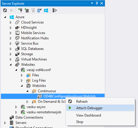 Le serveur Explorer développé les objets imbriqués Websites, vesaj-od4bconf, WebJobs, Continuous, OD4BConfigurationAsyncWebJob. Un menu contextuel s’affiche sur OD4BConfigurationAsyncWebJob et l’option de menu contextuel Attacher le débogueur est mise en surbrillance.