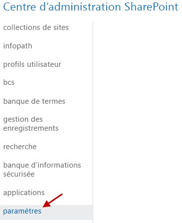 Le menu du centre d’administration SharePoint(SharePoint admin center), avec l’option de menu Paramètres en surbrillance.