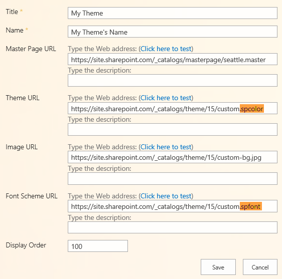 Les champs d’apparence composés : Title contient Mon thème. Name contient le nom de mon thème. L’URL de la page maître contient https://site.sharepoint.com/_catalogs/masterpage/seattle.master. l’URL https://site.sharepoint.com/_catalogs/theme/15/custom.spcolor du thème avec .spcolor mis en surbrillance en orange. L’URL de l’image contient https://site.sharepoint.com/_catalogs/theme/15/custom-bg.jpg. l’URL du modèle de police contient https://site.sharepoint.com/_catalogs/theme/15/custom.spfont avec .spfont mis en surbrillance en orange. L’ordre d’affichage contient 100.