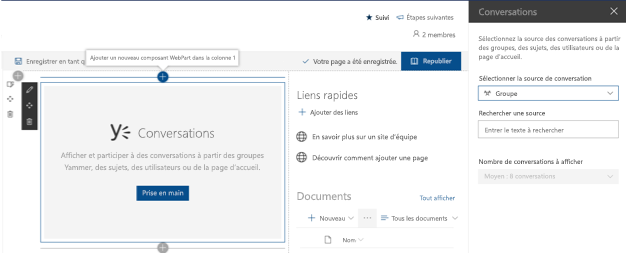 Configuration du composant WebPart de conversation Yammer