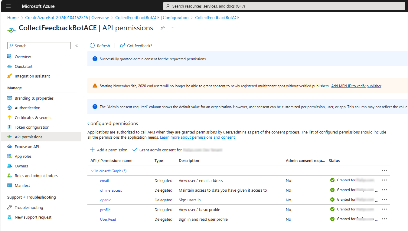 The panel to configure the "API permissions". There are few permissions already selected, including: email, offline_access, openid, profile, and User.Read. All of the permissions are granted at tenant level.