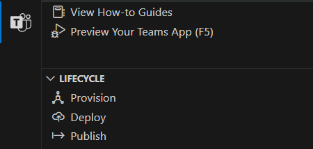 The interface of the Microsoft Teams Toolkit to manage the lifecycle of a solution. There are commands to provision, deploy, and publish the solution.
