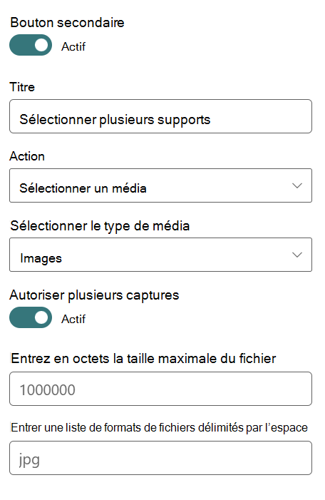 Définissez l’action de clic sur « Sélectionner le média » dans le menu déroulant du bouton secondaire et activez le chargement de plusieurs fichiers