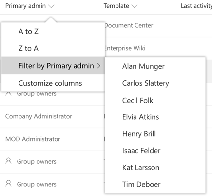 Options de filtre pour la colonne Administrateur principal