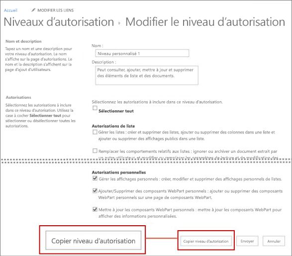 Bouton Copier un niveau d’autorisation.