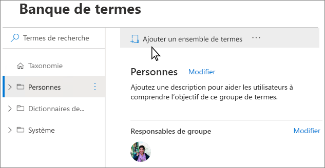 Dans l’outil de gestion du magasin de termes, vous pouvez sélectionner des éléments dans le volet de navigation pour ouvrir un menu