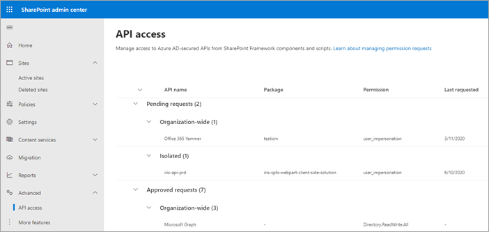 Page d’accès à l’API dans le centre d’administration SharePoint moderne