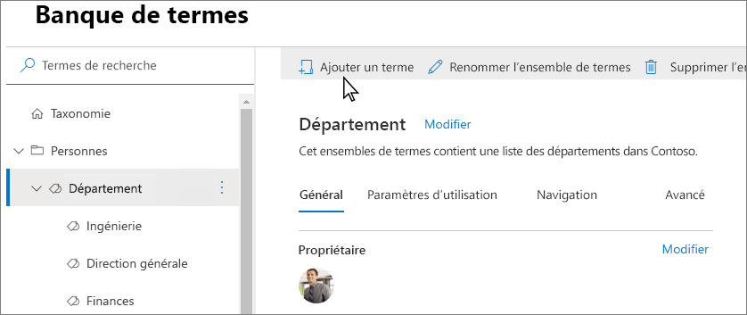 Capture d’écran de la page du magasin de termes dans le Centre d’administration SharePoint avec Ajouter un terme mis en évidence.